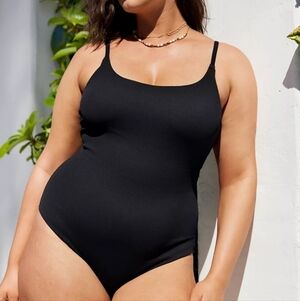 Aerie Black Ribbed Tie Back Open Back One Piece Swimsuit